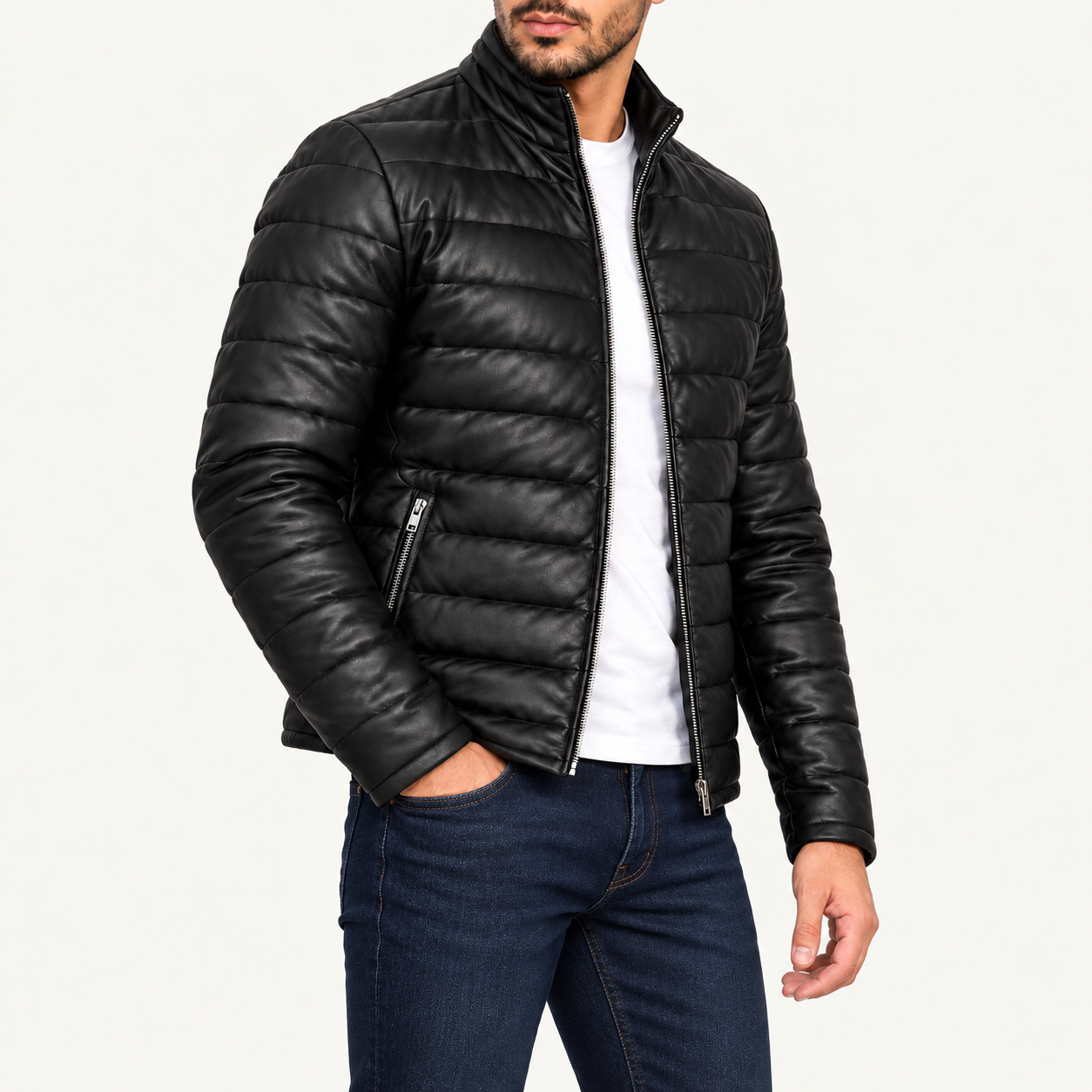 Men's Black Quilted Leather Puffer Jacket – Full-Sleeve Zip-Up Winter Jacket Gallery
